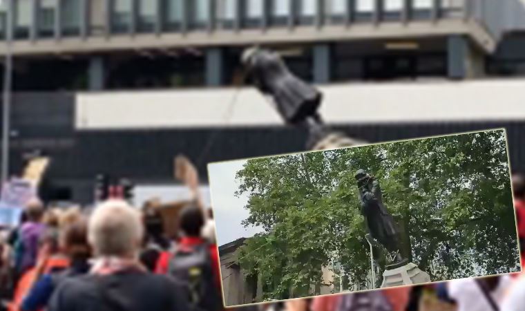 Anti faşistler İngiltere'de köle tüccarının heykelini yıktı (Video Haber)